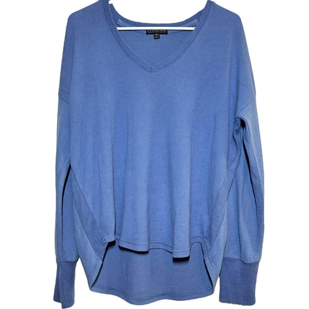 P.J. Salvage Sweater Ribbed Long Drop Sleeve V-Neck Hi Low Hem Blue Small